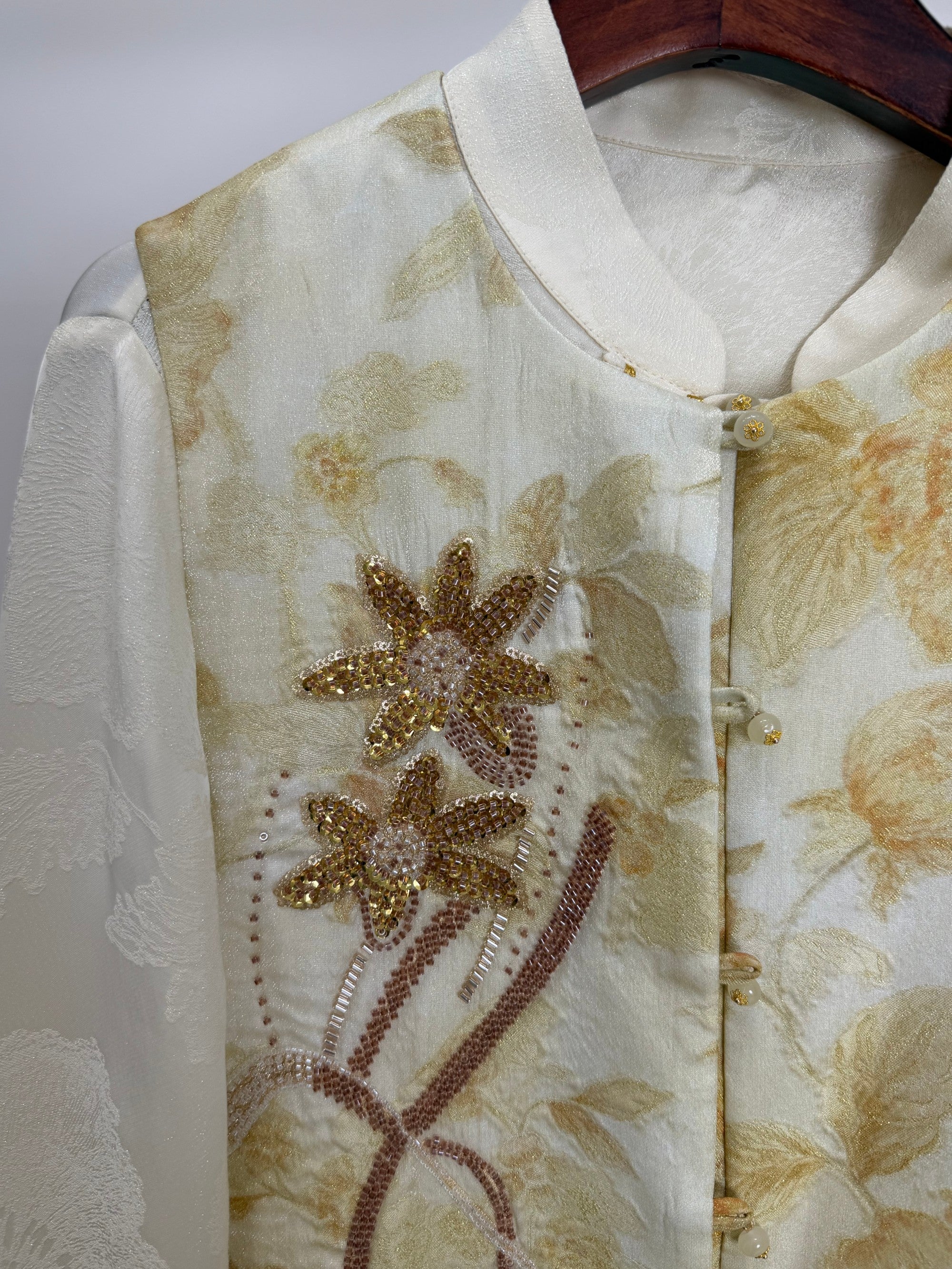 Light Yellow Jacquard Beaded Embroidered Vest | Peony Modern Chinese Style Waistcoat - Luxe Orienta CO., LIMITED