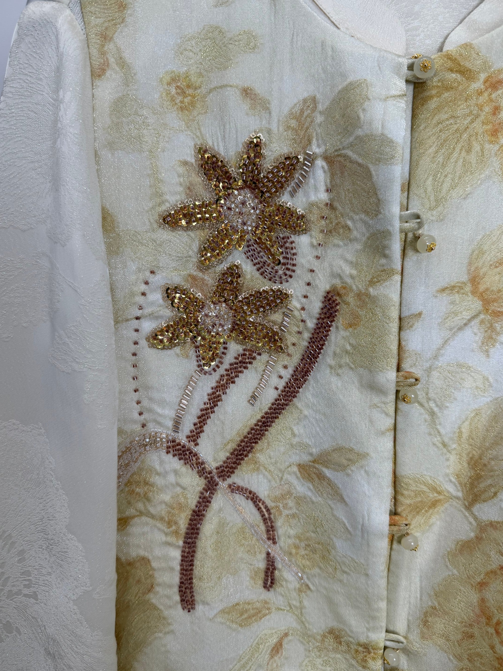 Light Yellow Jacquard Beaded Embroidered Vest | Peony Modern Chinese Style Waistcoat - Luxe Orienta CO., LIMITED