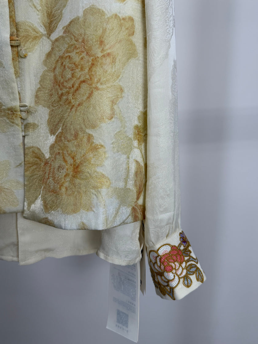 Light Yellow Jacquard Beaded Embroidered Vest | Peony Modern Chinese Style Waistcoat - Luxe Orienta CO., LIMITED