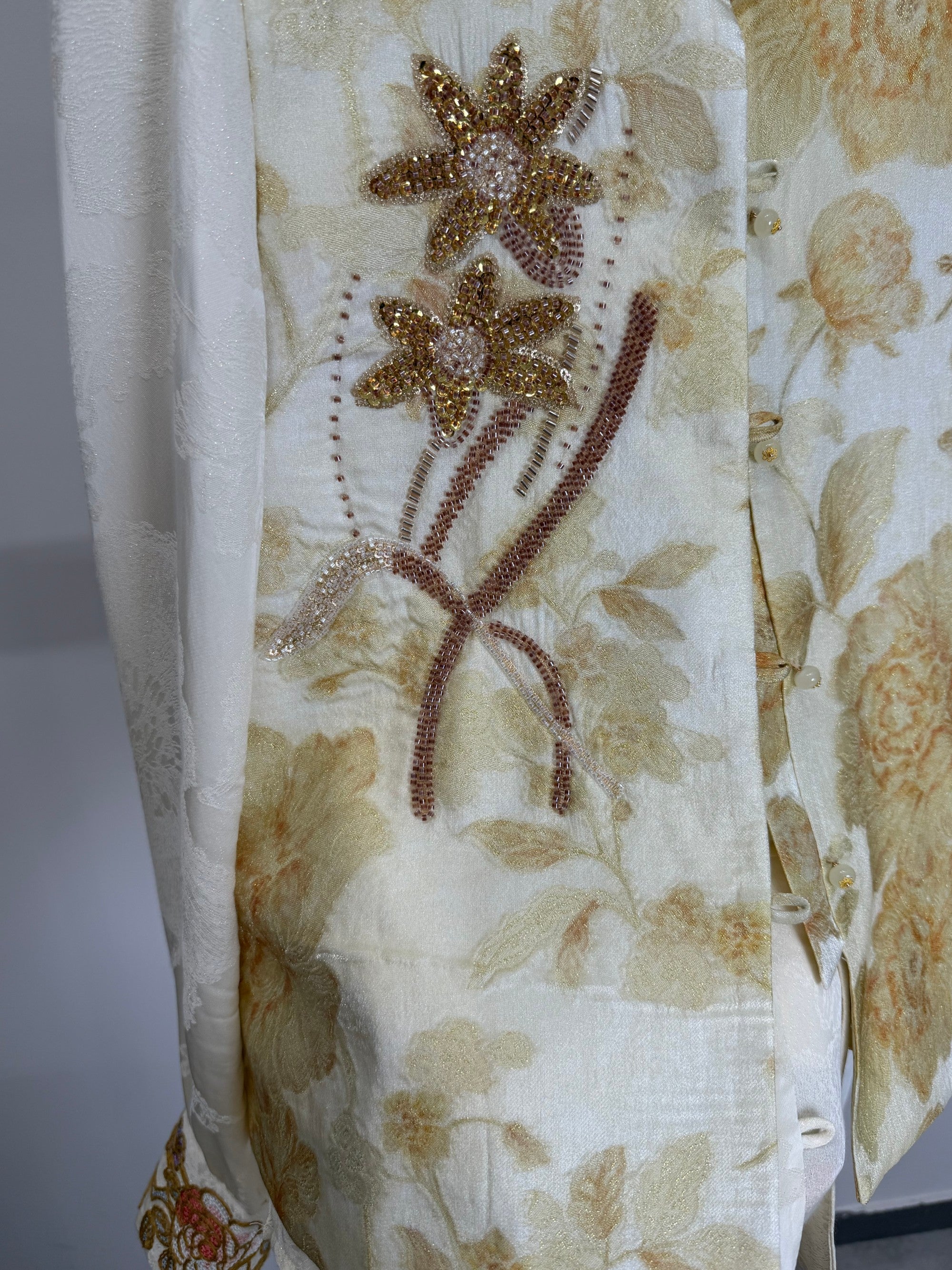 Light Yellow Jacquard Beaded Embroidered Vest | Peony Modern Chinese Style Waistcoat - Luxe Orienta CO., LIMITED