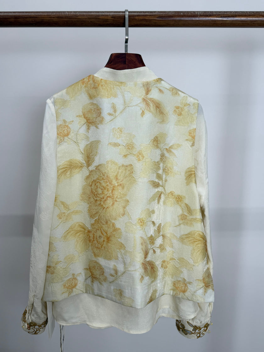 Light Yellow Jacquard Beaded Embroidered Vest | Peony Modern Chinese Style Waistcoat - Luxe Orienta CO., LIMITED