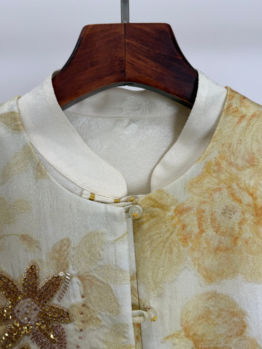Light Yellow Jacquard Beaded Embroidered Vest | Peony Modern Chinese Style Waistcoat - Luxe Orienta CO., LIMITED