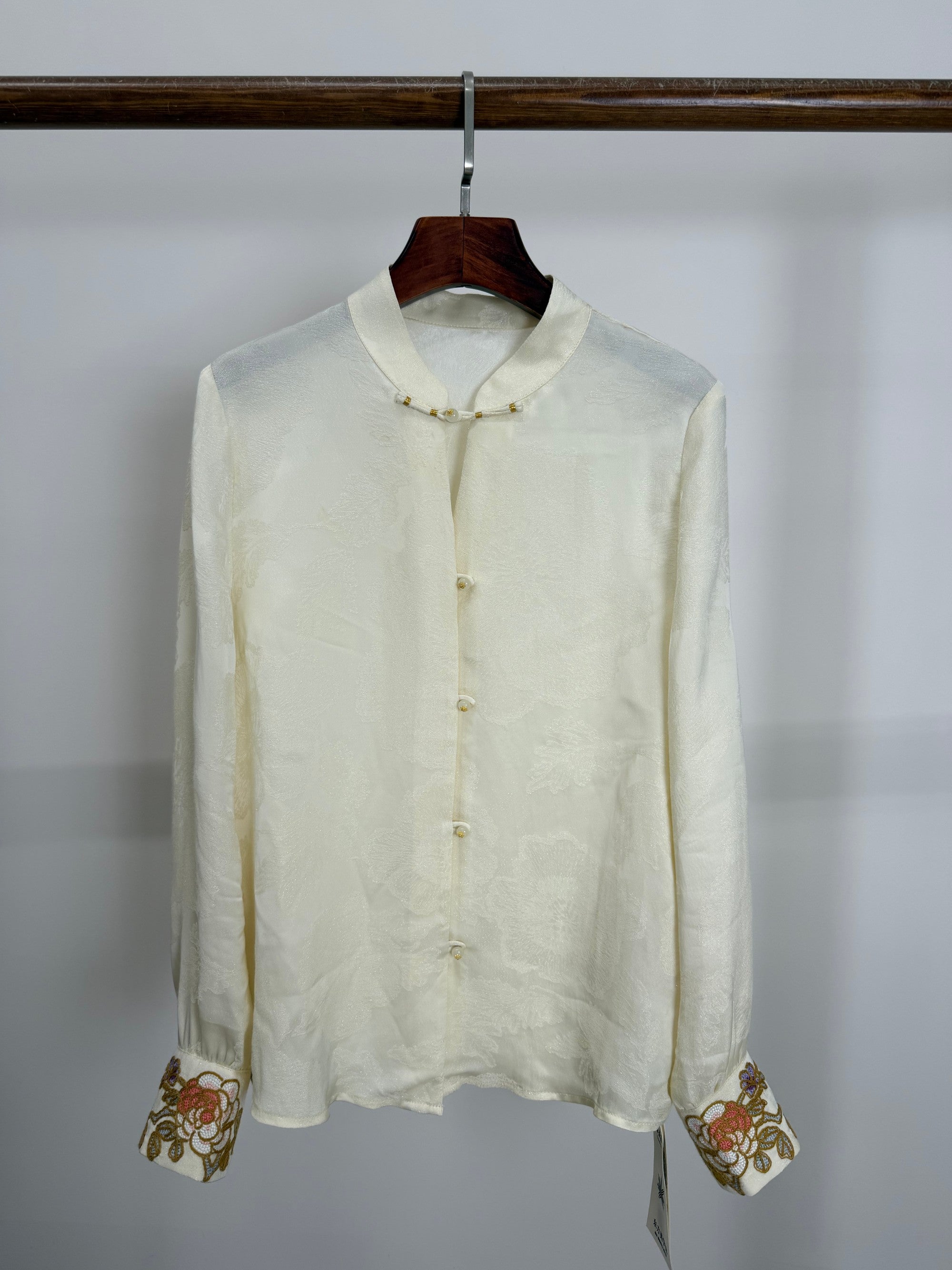 Jacquard Stand Collar Rayon Blouse with Embroidered Cuffs | Modern Chinese Style Shirt - Luxe Orienta CO., LIMITED