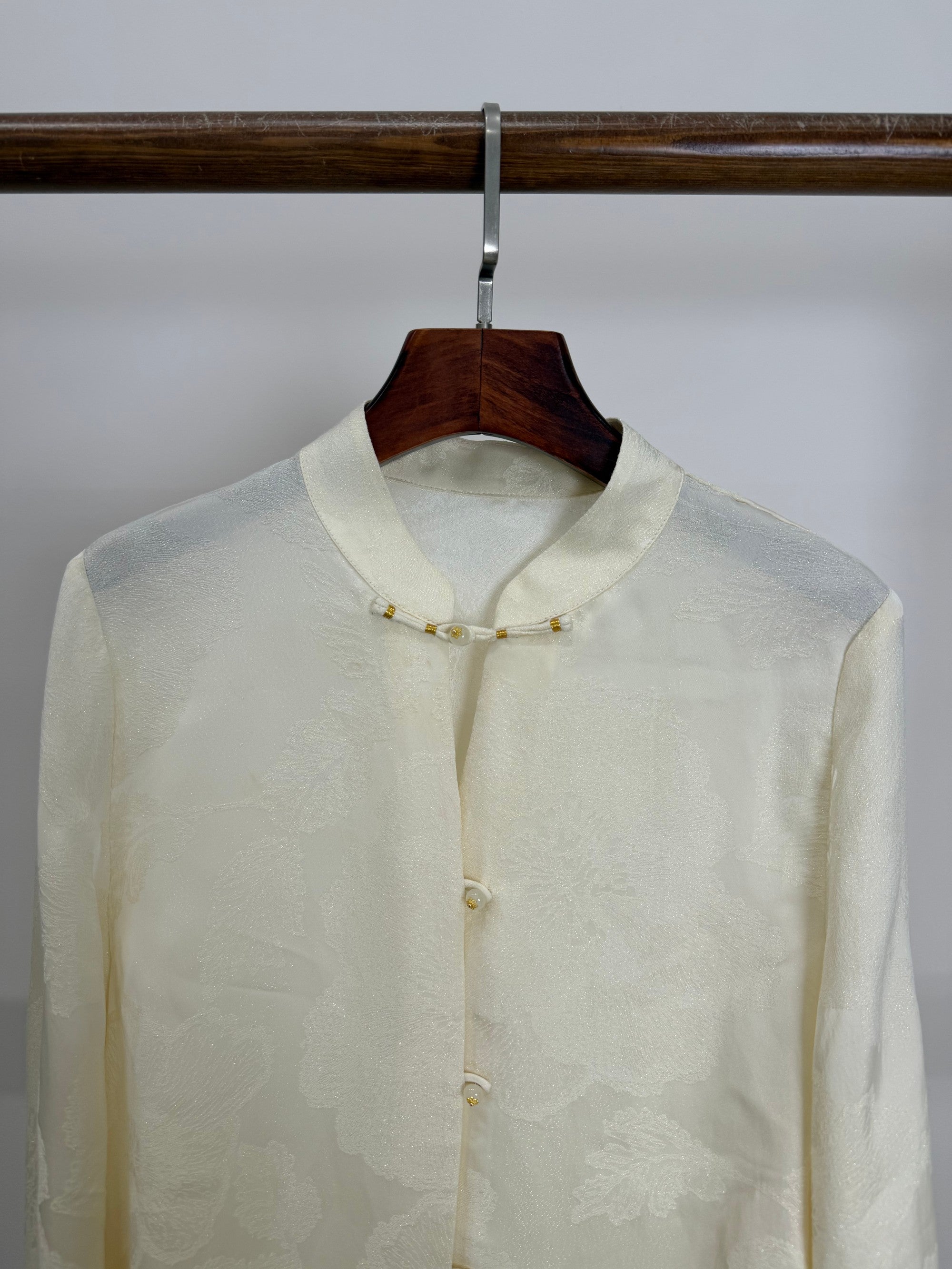 Jacquard Stand Collar Rayon Blouse with Embroidered Cuffs | Modern Chinese Style Shirt - Luxe Orienta CO., LIMITED