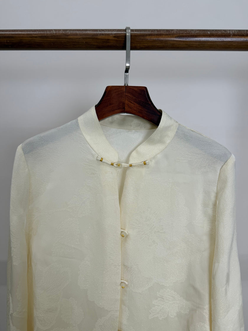 Jacquard Stand Collar Rayon Blouse with Embroidered Cuffs | Modern Chinese Style Shirt - Luxe Orienta CO., LIMITED