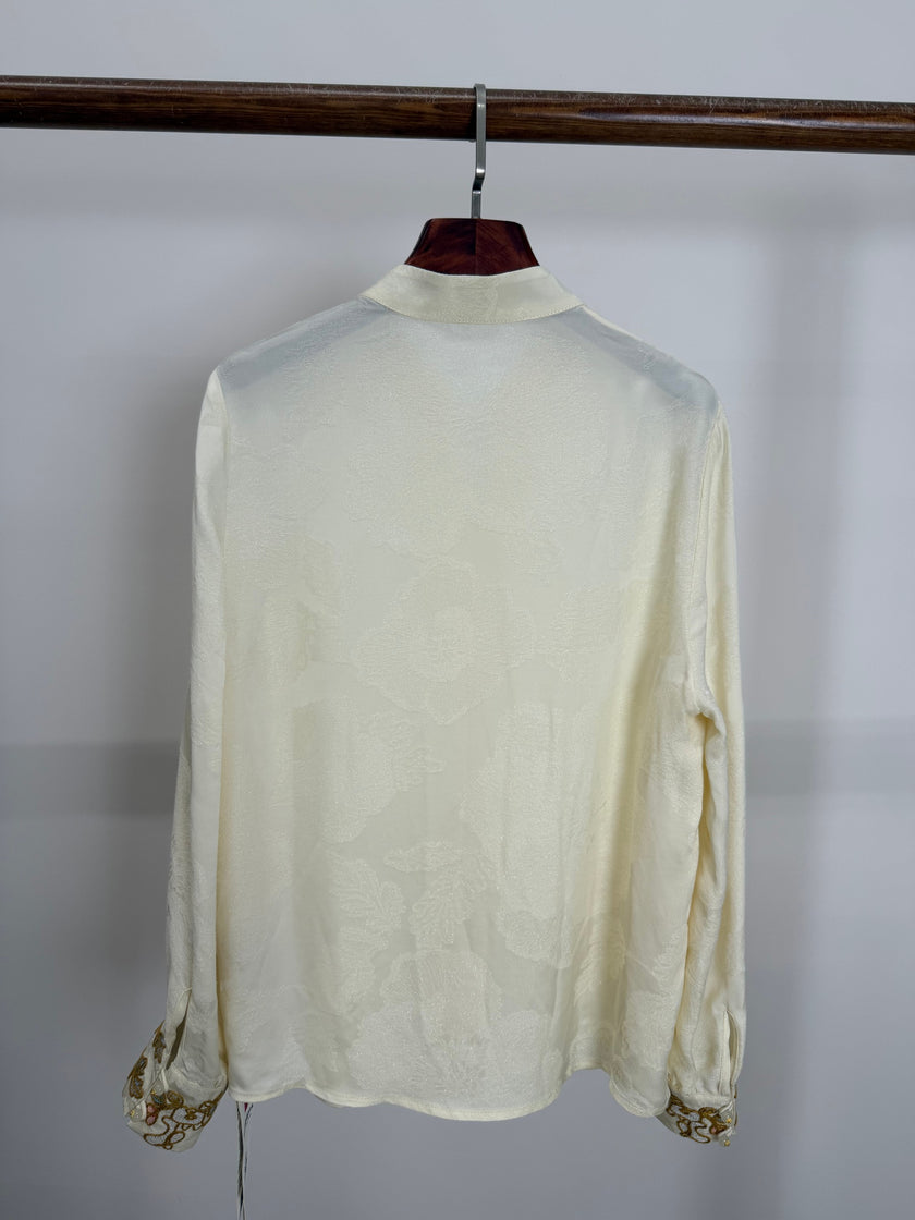 Jacquard Stand Collar Rayon Blouse with Embroidered Cuffs | Modern Chinese Style Shirt - Luxe Orienta CO., LIMITED