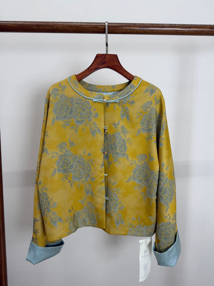 Yellow Peony Jacquard Tang Jacket with Frog Buttons | Modern Chinese Style - Luxe Orienta CO., LIMITED