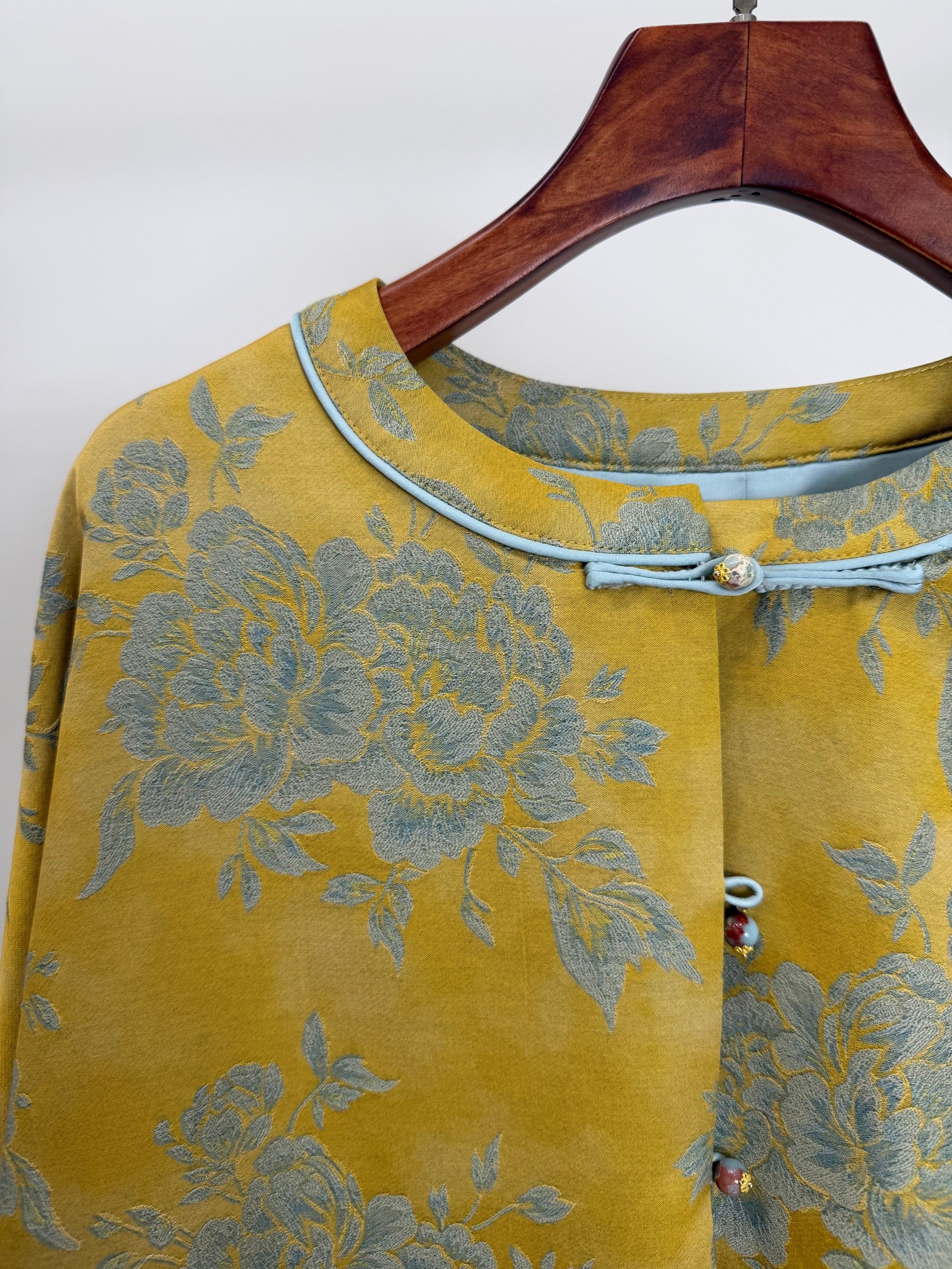 Yellow Peony Jacquard Tang Jacket with Frog Buttons | Modern Chinese Style - Luxe Orienta CO., LIMITED
