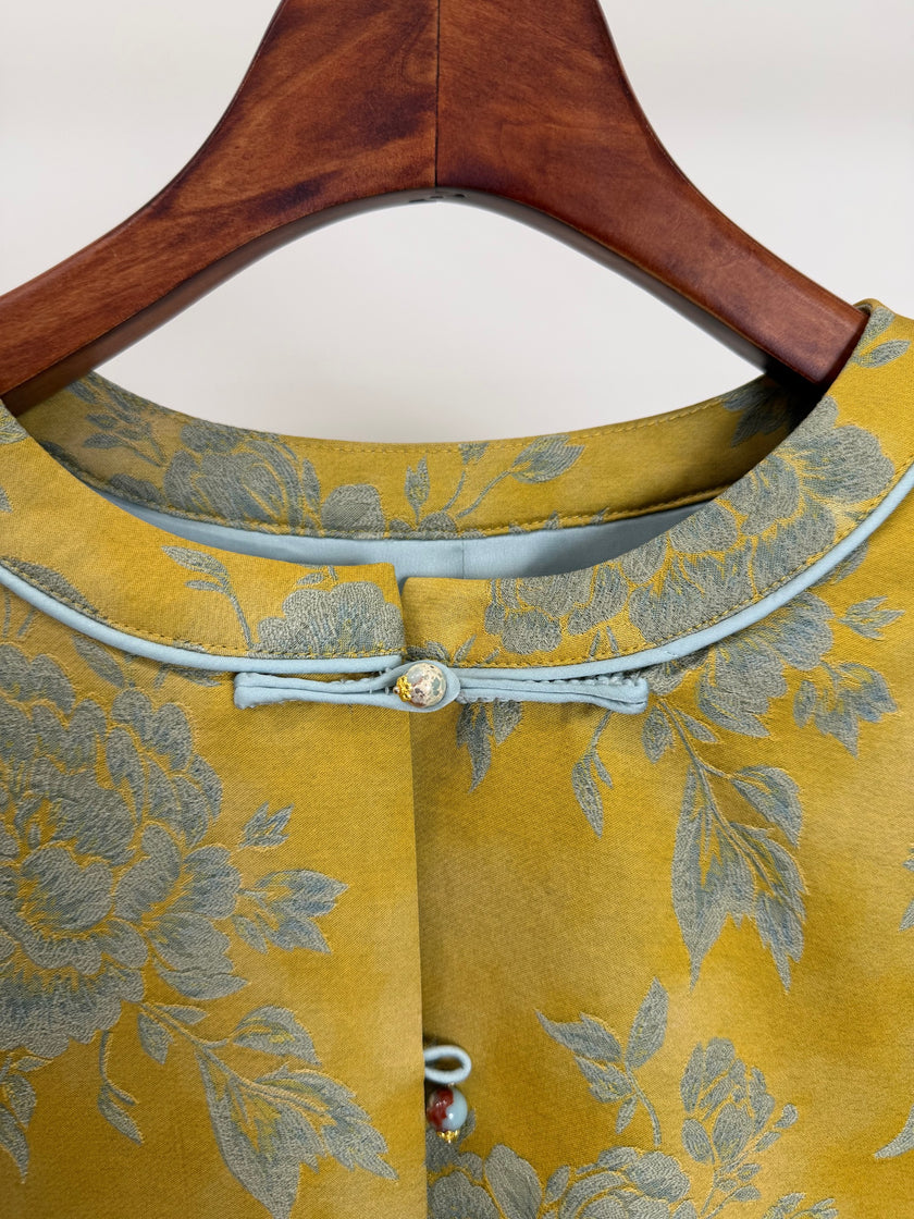 Yellow Peony Jacquard Tang Jacket with Frog Buttons | Modern Chinese Style - Luxe Orienta CO., LIMITED