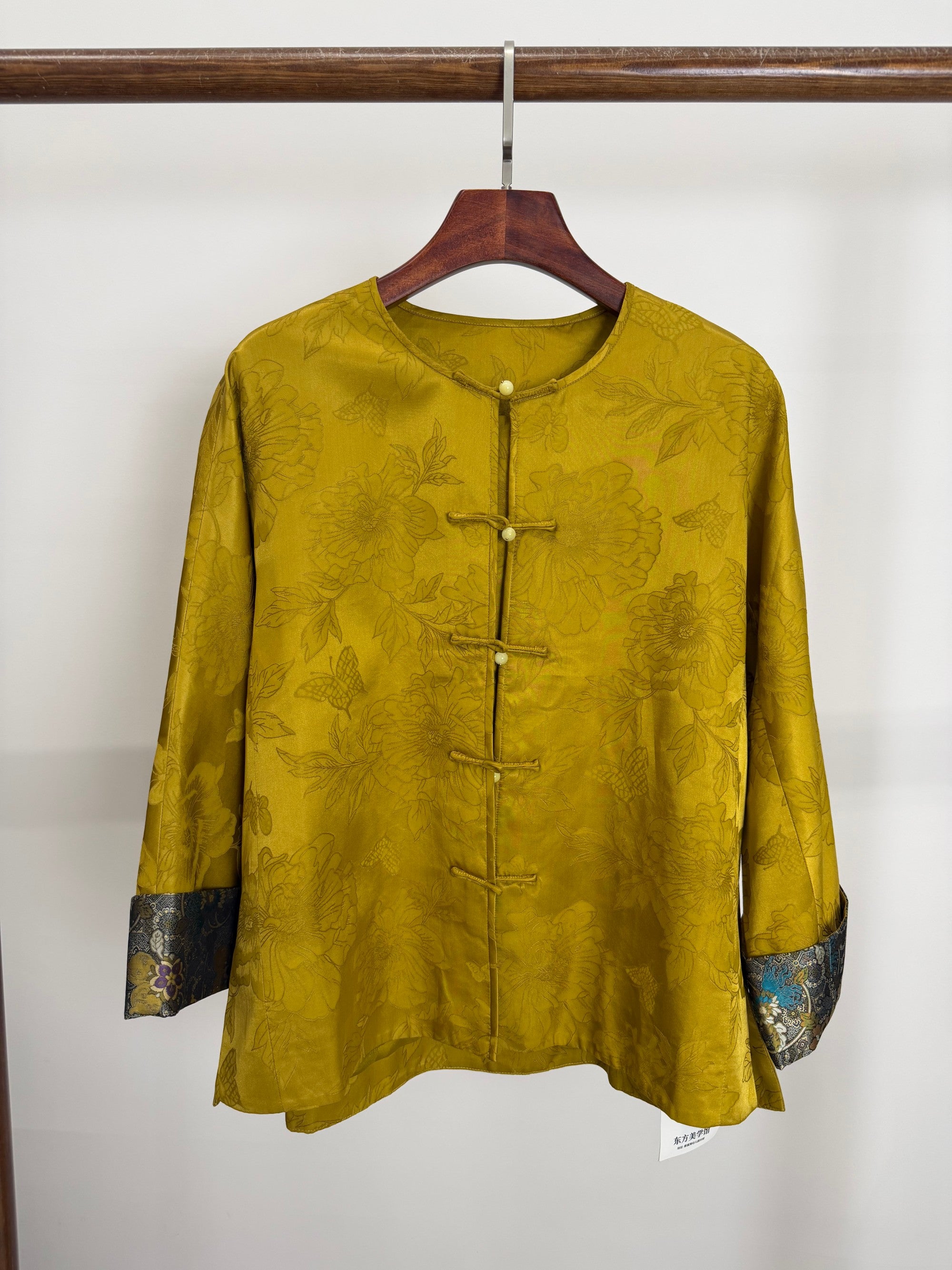 Golden Peony & Butterfly Silk Jacquard Tang Jacket | Mulberry Silk Frog Button Round Neck Jacket - Luxe Orienta CO., LIMITED