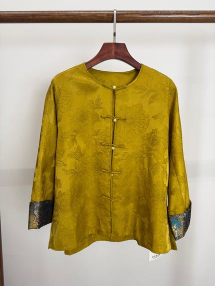 Golden Peony & Butterfly Silk Jacquard Tang Jacket | Mulberry Silk Frog Button Round Neck Jacket - Luxe Orienta CO., LIMITED