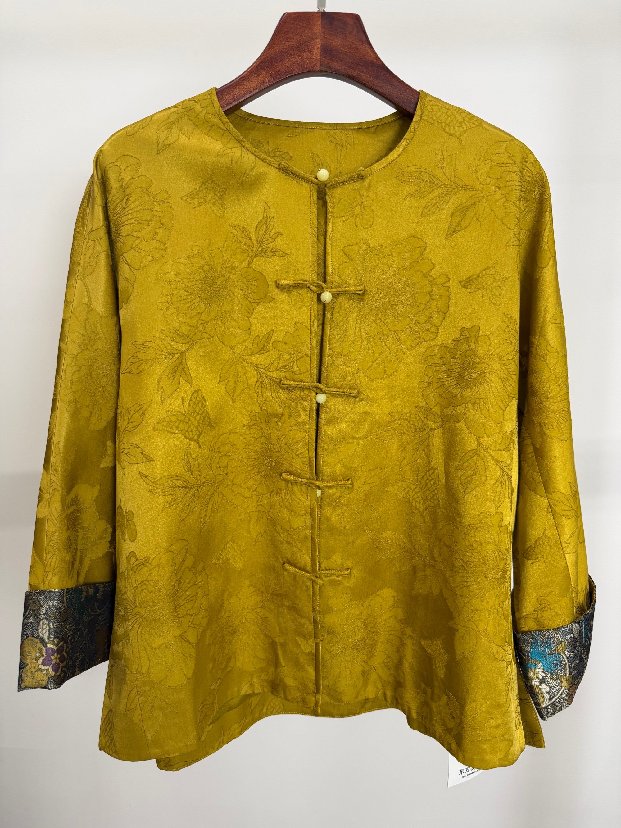 Golden Peony & Butterfly Silk Jacquard Tang Jacket | Mulberry Silk Frog Button Round Neck Jacket - Luxe Orienta CO., LIMITED