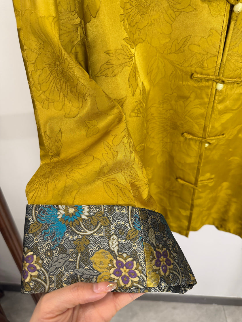 Golden Peony & Butterfly Silk Jacquard Tang Jacket | Mulberry Silk Frog Button Round Neck Jacket - Luxe Orienta CO., LIMITED