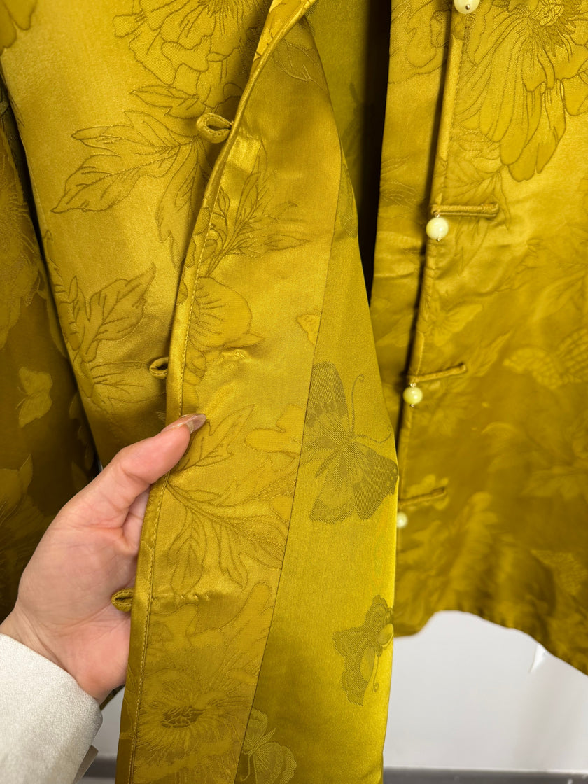 Golden Peony & Butterfly Silk Jacquard Tang Jacket | Mulberry Silk Frog Button Round Neck Jacket - Luxe Orienta CO., LIMITED