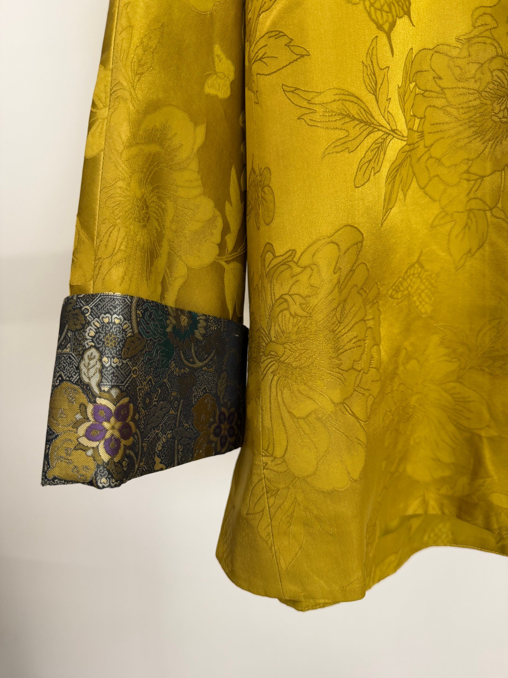Golden Peony & Butterfly Silk Jacquard Tang Jacket | Mulberry Silk Frog Button Round Neck Jacket - Luxe Orienta CO., LIMITED