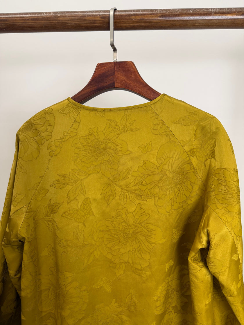 Golden Peony & Butterfly Silk Jacquard Tang Jacket | Mulberry Silk Frog Button Round Neck Jacket - Luxe Orienta CO., LIMITED
