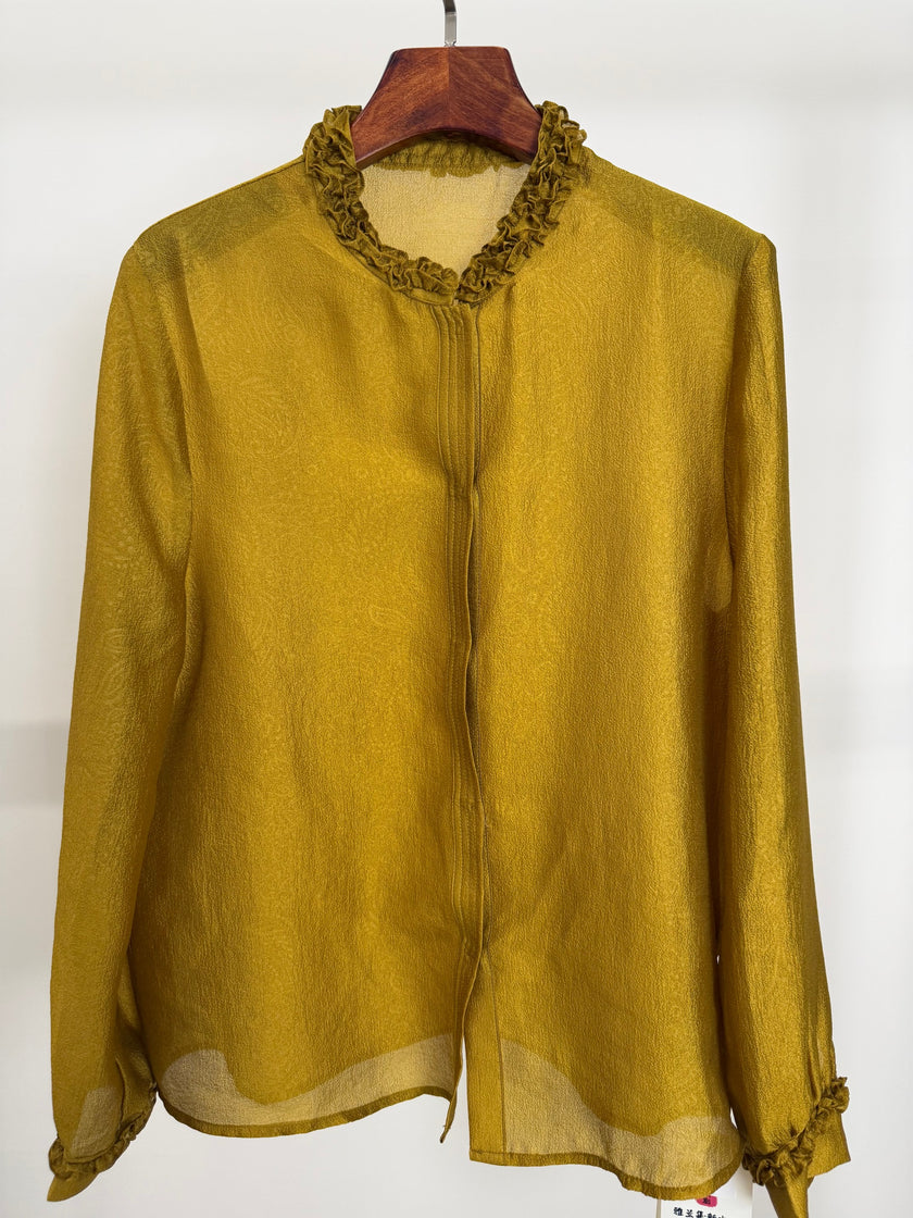 Golden Jacquard Rayon Ruffle Collar Blouse | Modern Chinese Style Shirt - Luxe Orienta CO., LIMITED