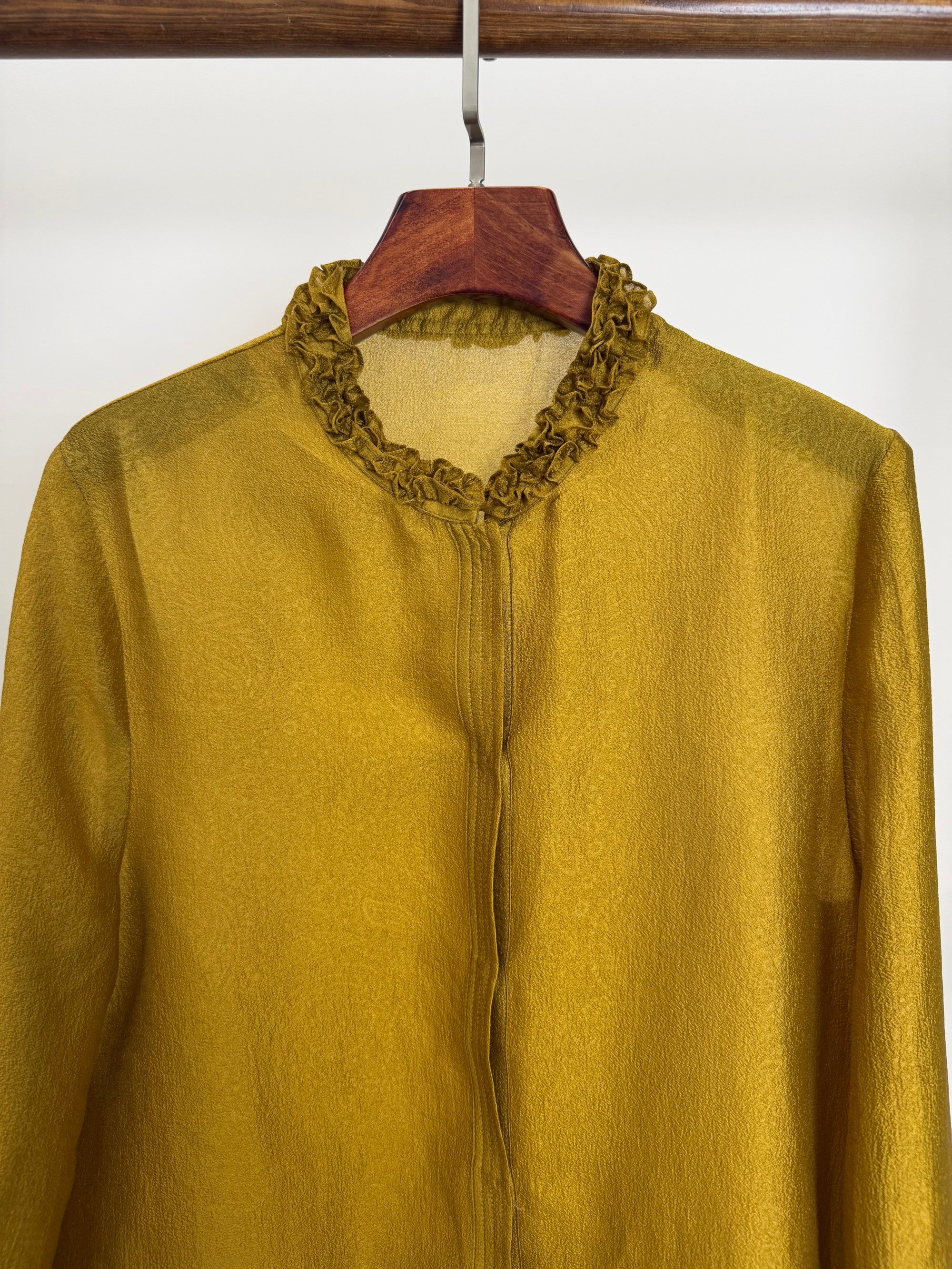 Golden Jacquard Rayon Ruffle Collar Blouse | Modern Chinese Style Shirt - Luxe Orienta CO., LIMITED