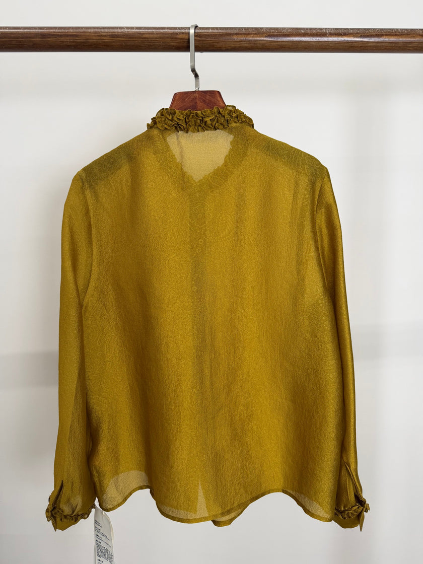 Golden Jacquard Rayon Ruffle Collar Blouse | Modern Chinese Style Shirt - Luxe Orienta CO., LIMITED
