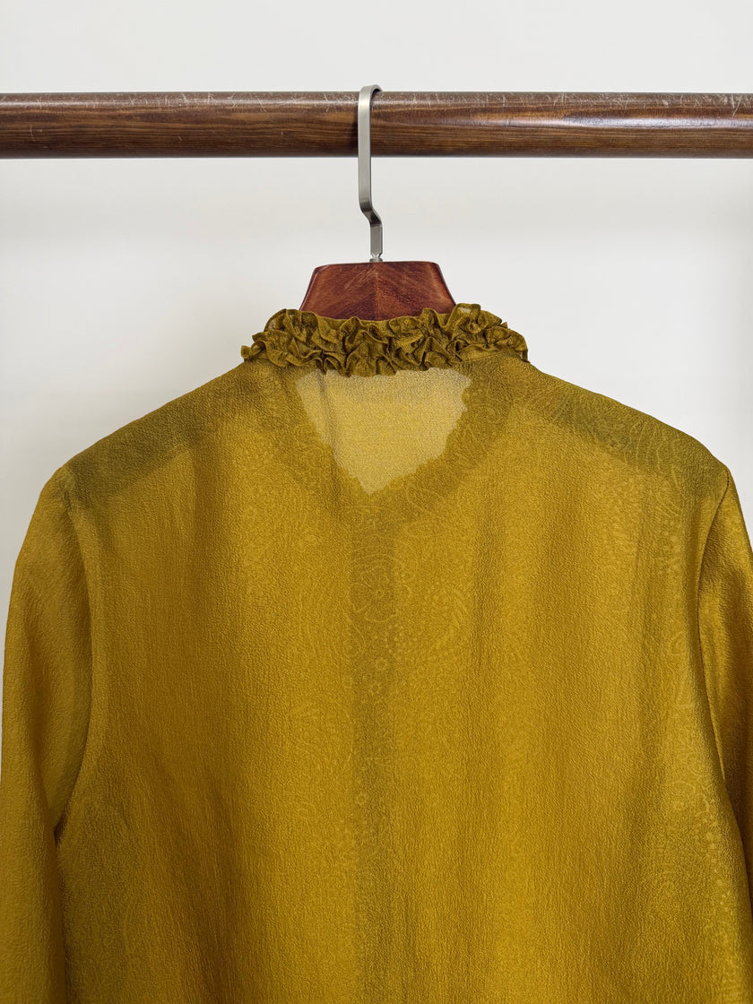 Golden Jacquard Rayon Ruffle Collar Blouse | Modern Chinese Style Shirt - Luxe Orienta CO., LIMITED