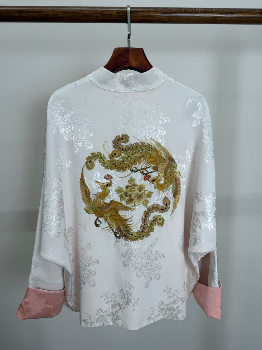 Mulberry Silk Phoenix Embroidered Reversible Tang Jacket | Modern Chinese Jacquard Blouse - Luxe Orienta CO., LIMITED