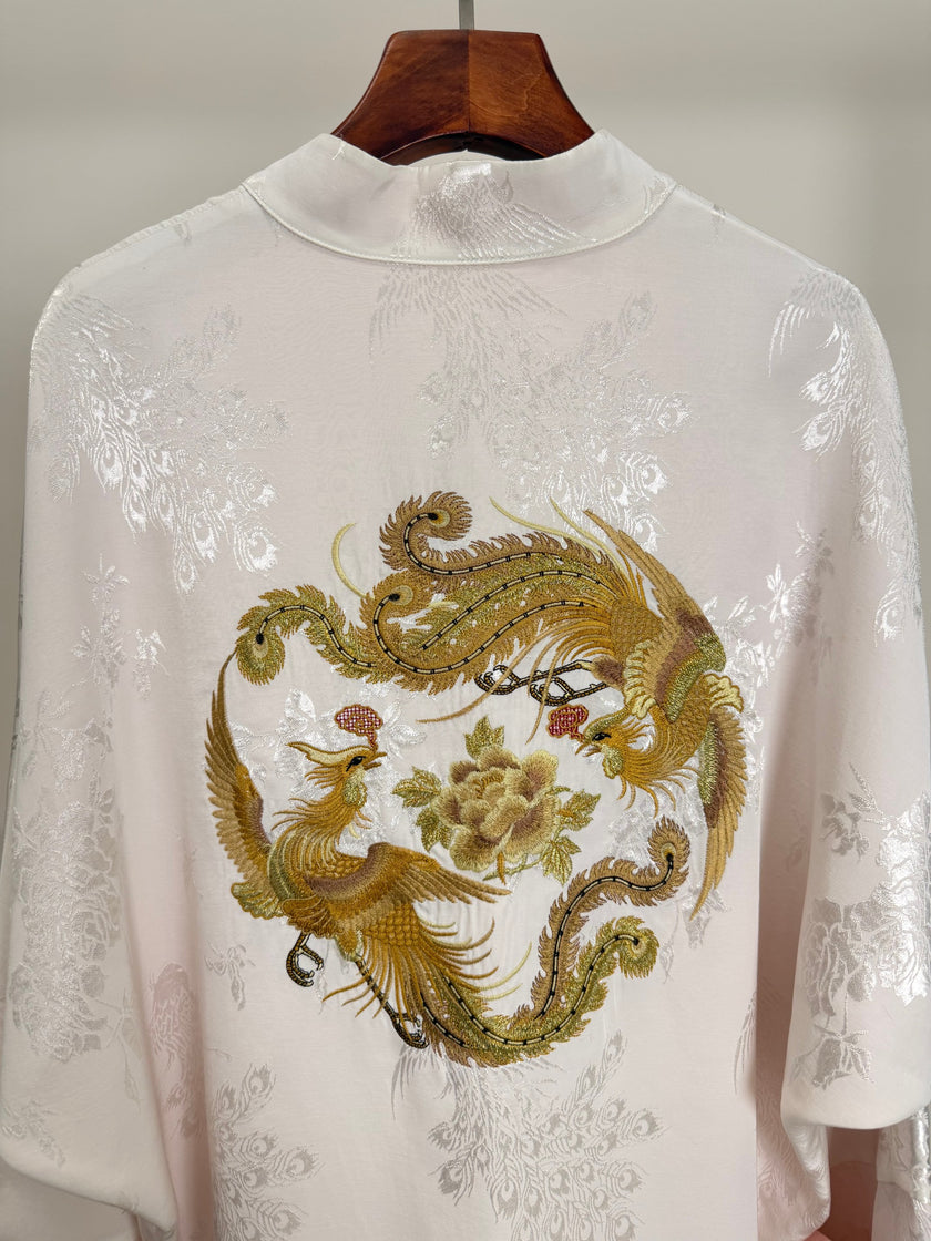 Mulberry Silk Phoenix Embroidered Reversible Tang Jacket | Modern Chinese Jacquard Blouse - Luxe Orienta CO., LIMITED