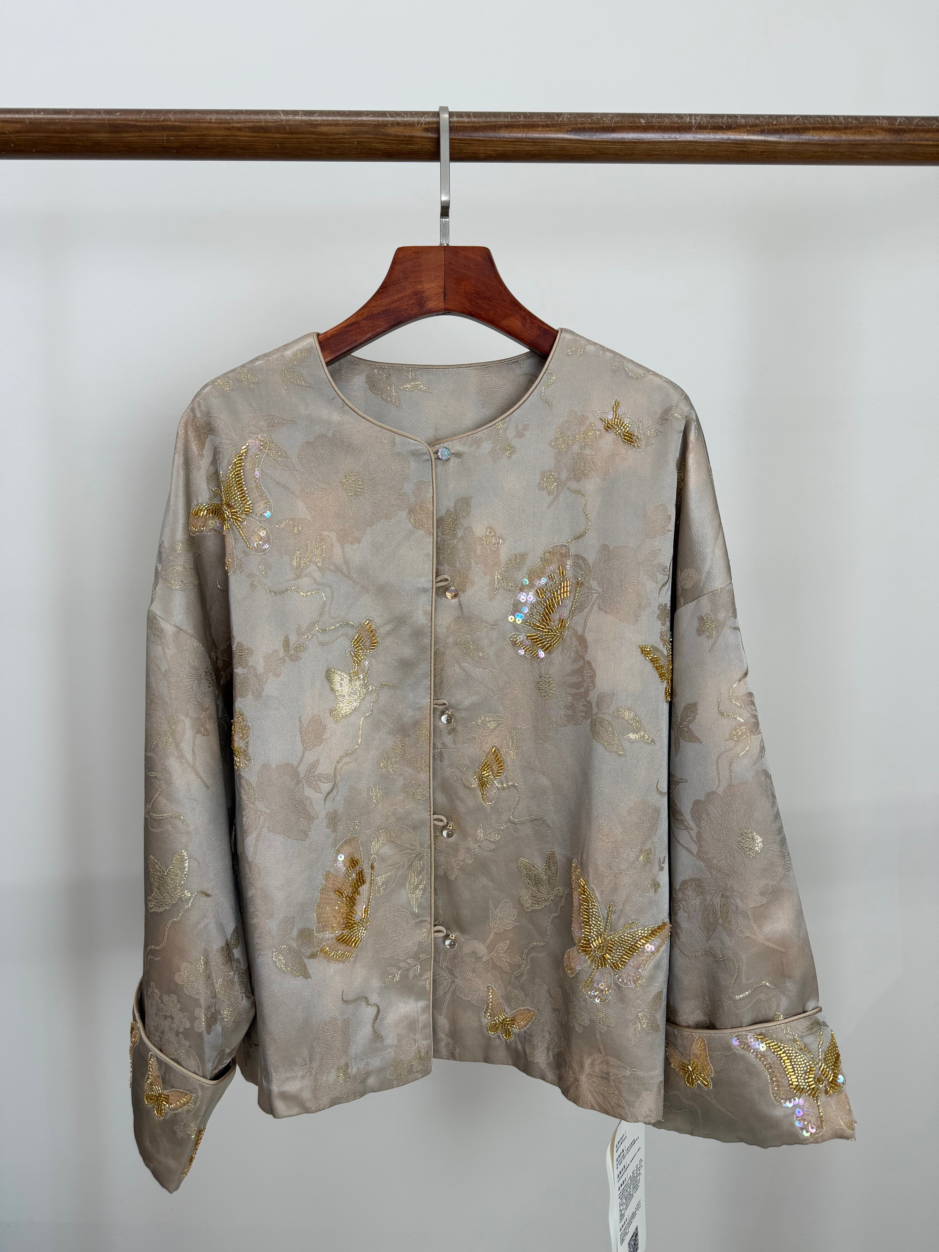 Grey Butterfly Beaded Mulberry Silk Jacket | Modern Chinese Embroidered Luxury - Luxe Orienta CO., LIMITED