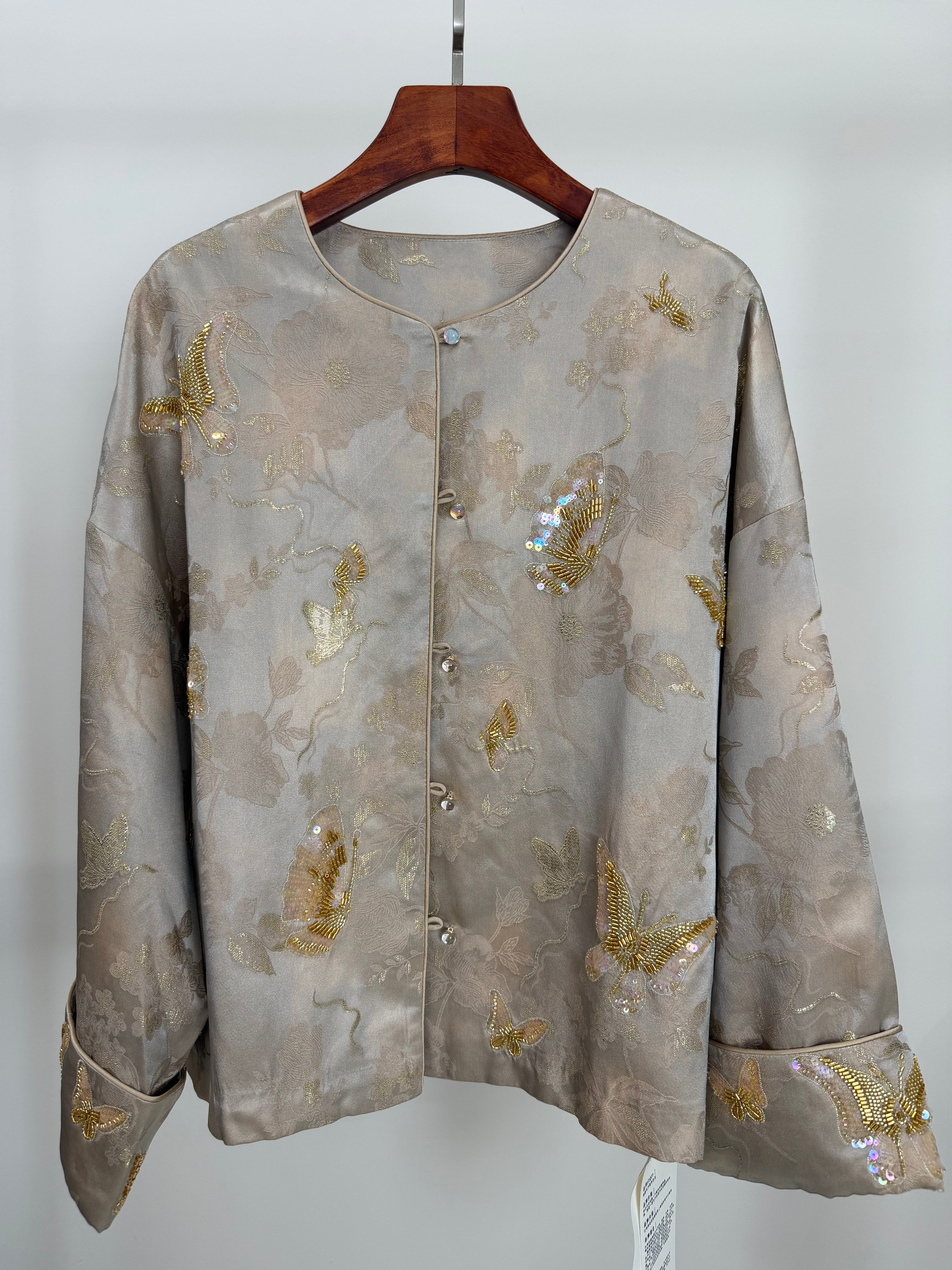 Grey Butterfly Beaded Mulberry Silk Jacket | Modern Chinese Embroidered Luxury - Luxe Orienta CO., LIMITED