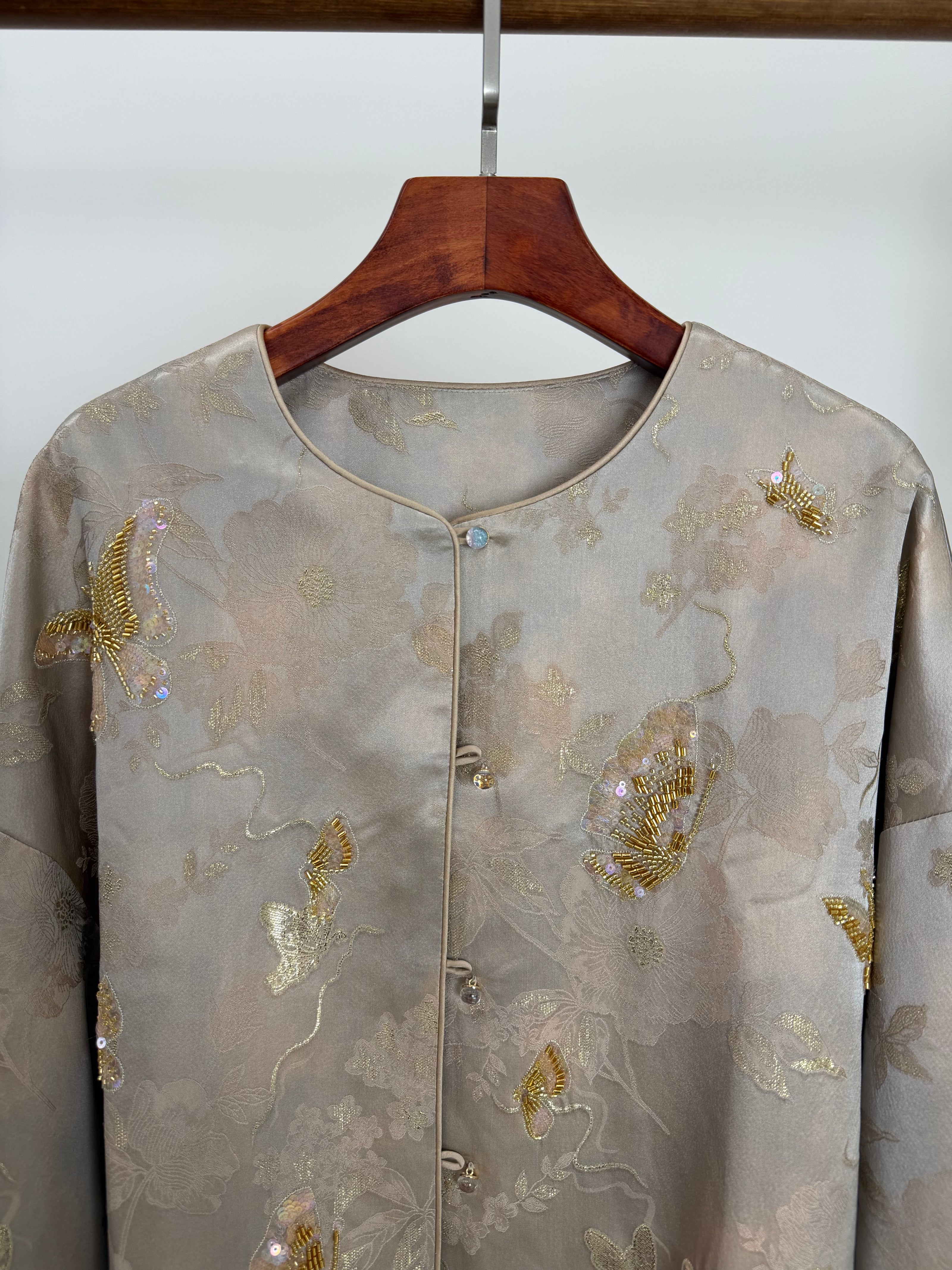 Grey Butterfly Beaded Mulberry Silk Jacket | Modern Chinese Embroidered Luxury - Luxe Orienta CO., LIMITED
