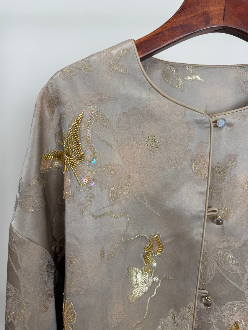 Grey Butterfly Beaded Mulberry Silk Jacket | Modern Chinese Embroidered Luxury - Luxe Orienta CO., LIMITED