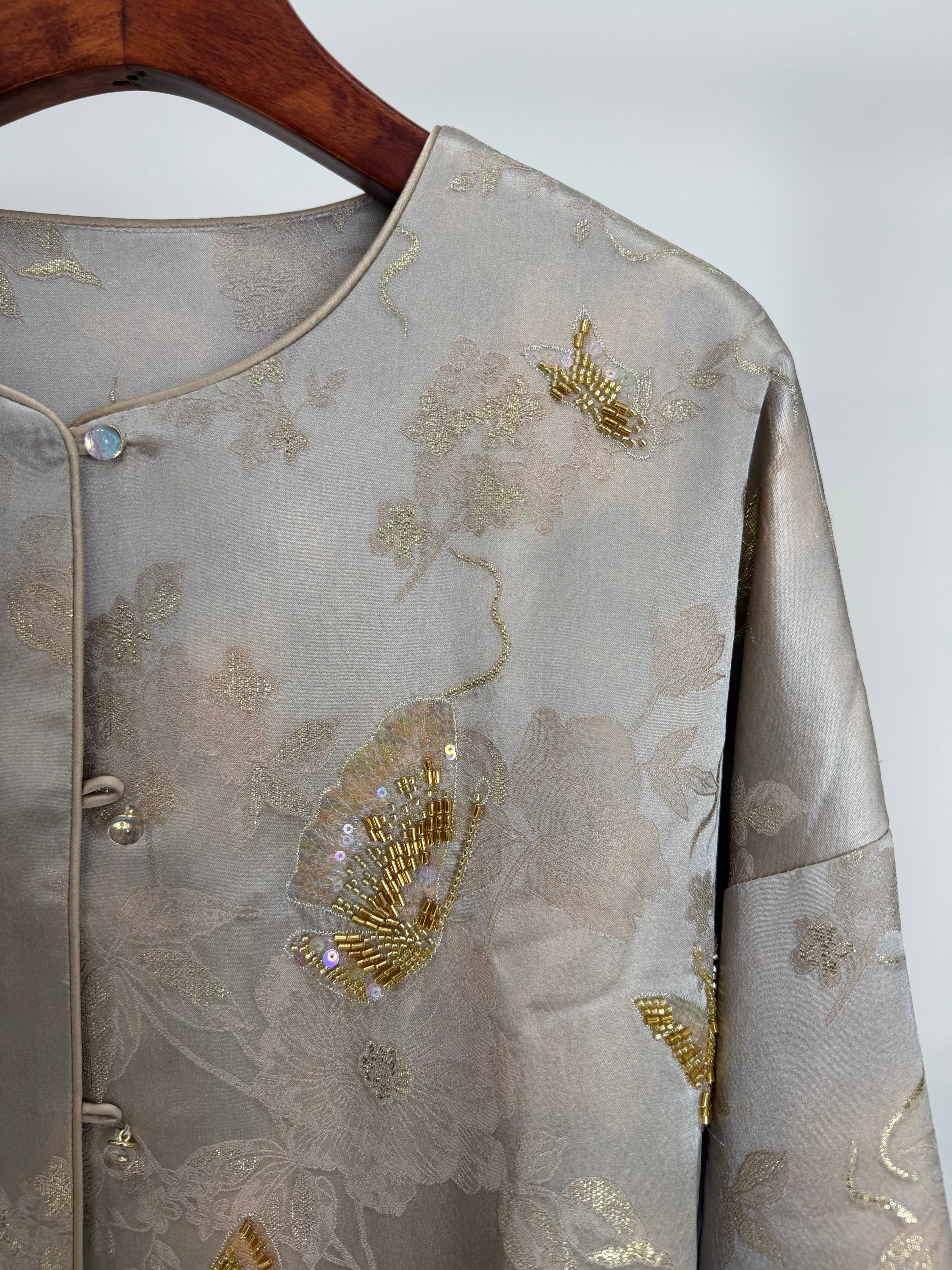 Grey Butterfly Beaded Mulberry Silk Jacket | Modern Chinese Embroidered Luxury - Luxe Orienta CO., LIMITED