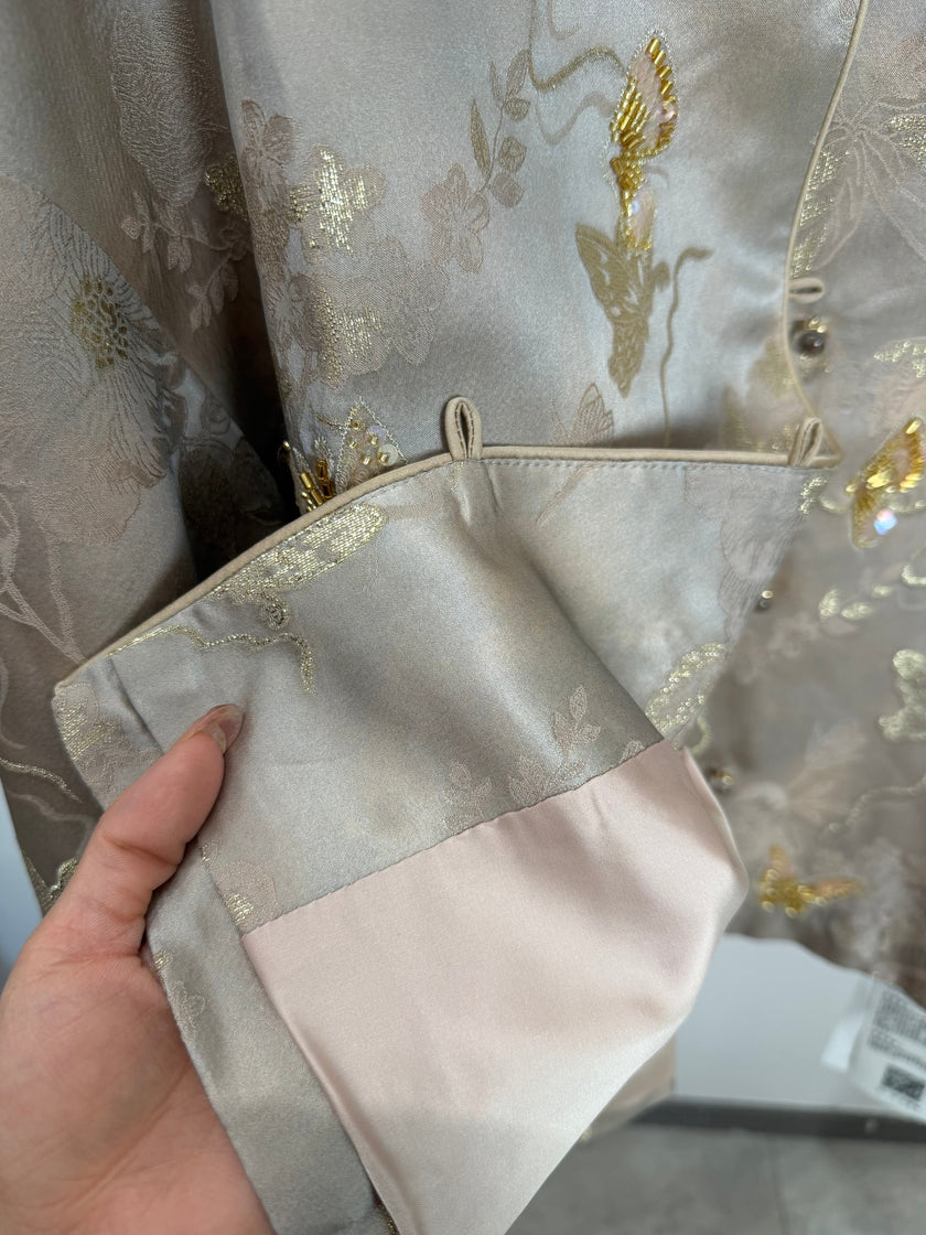 Grey Butterfly Beaded Mulberry Silk Jacket | Modern Chinese Embroidered Luxury - Luxe Orienta CO., LIMITED