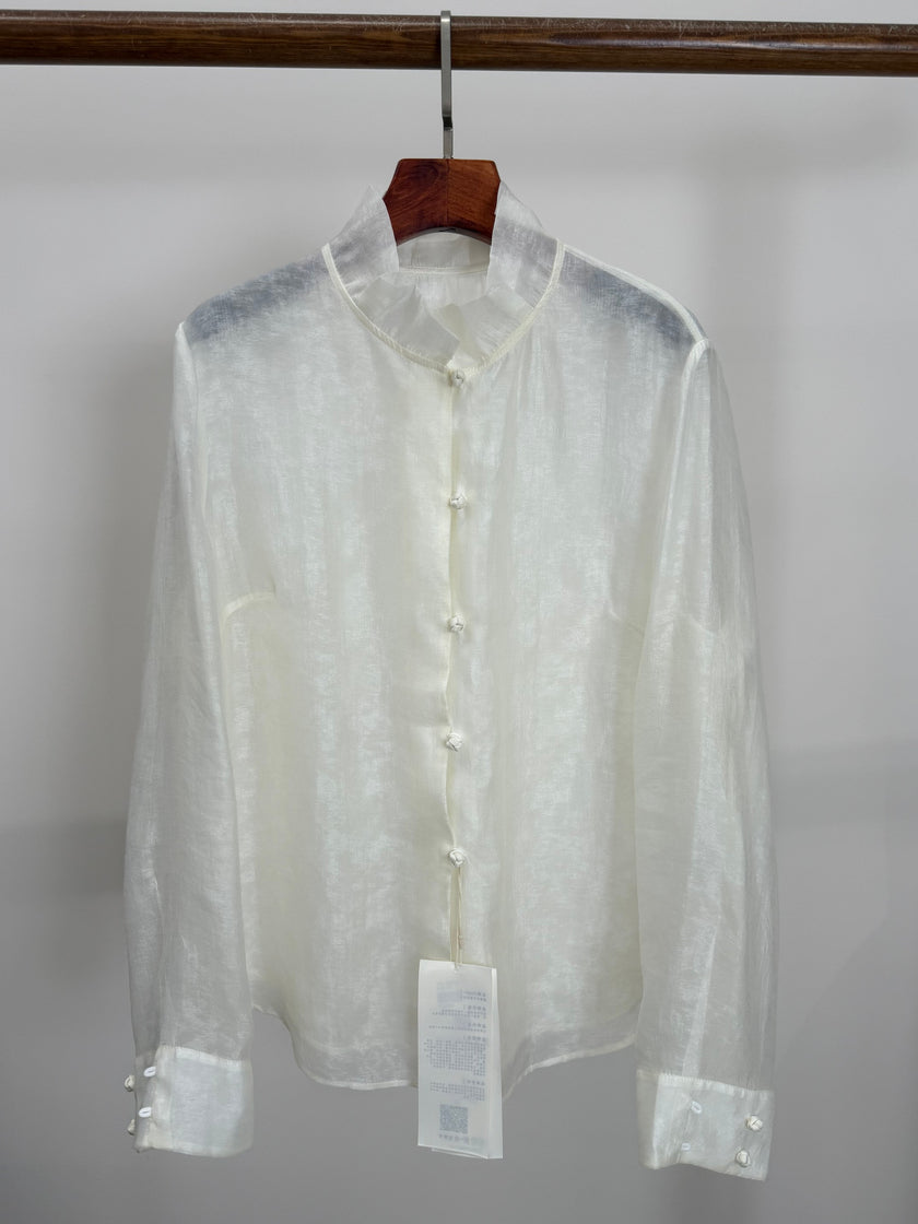 White Cloud Texture Double-Layer Blouse with Ruffle Stand Collar | Modern Chinese Style Shirt - Luxe Orienta CO., LIMITED