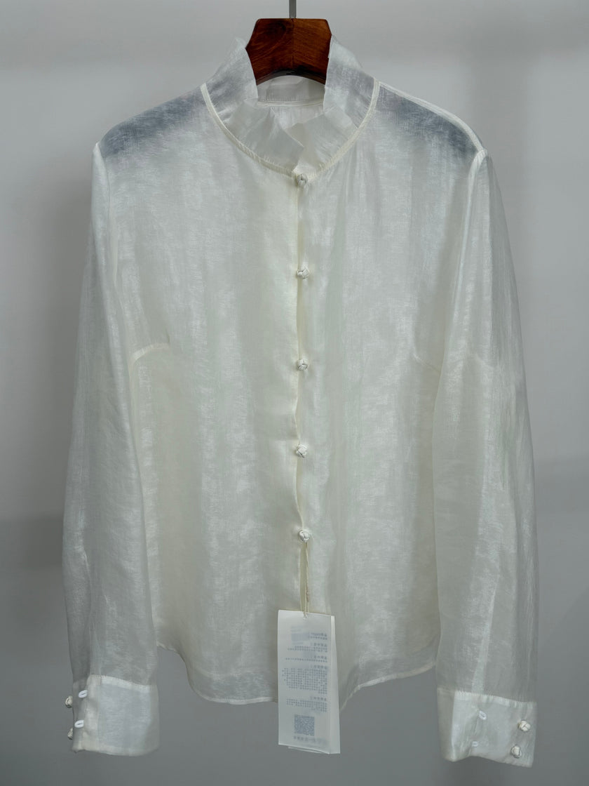 White Cloud Texture Double-Layer Blouse with Ruffle Stand Collar | Modern Chinese Style Shirt - Luxe Orienta CO., LIMITED