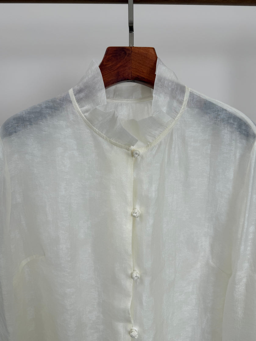 White Cloud Texture Double-Layer Blouse with Ruffle Stand Collar | Modern Chinese Style Shirt - Luxe Orienta CO., LIMITED