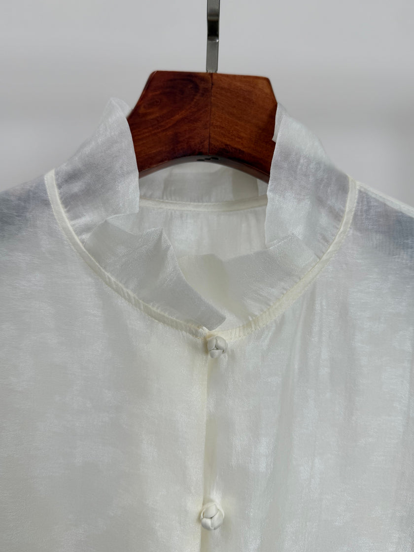 White Cloud Texture Double-Layer Blouse with Ruffle Stand Collar | Modern Chinese Style Shirt - Luxe Orienta CO., LIMITED
