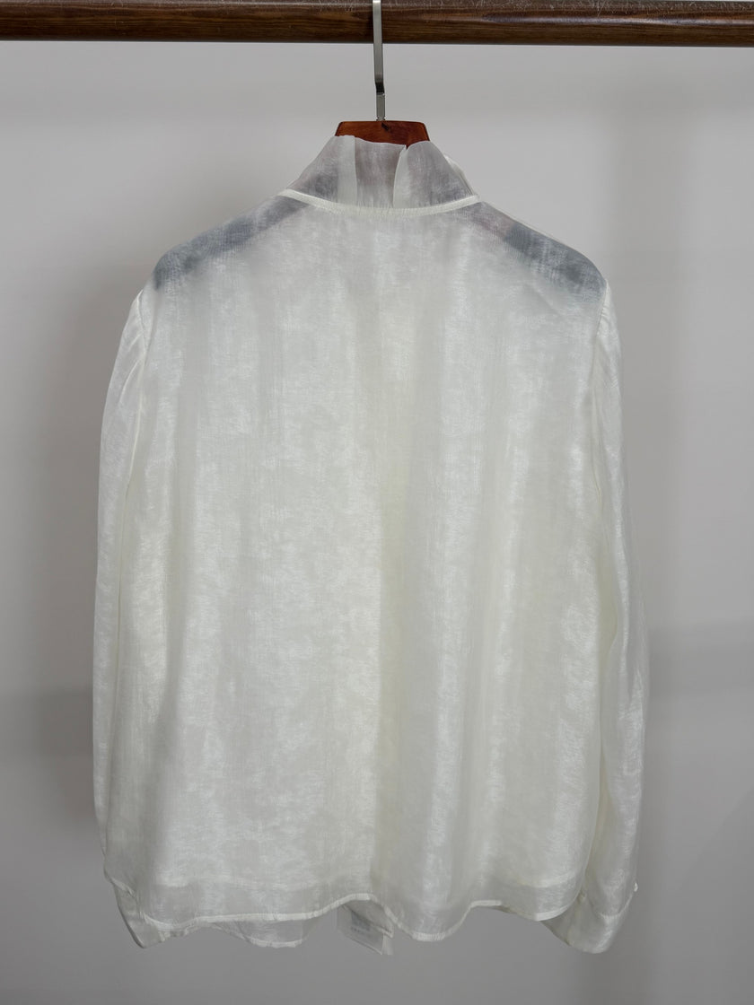White Cloud Texture Double-Layer Blouse with Ruffle Stand Collar | Modern Chinese Style Shirt - Luxe Orienta CO., LIMITED