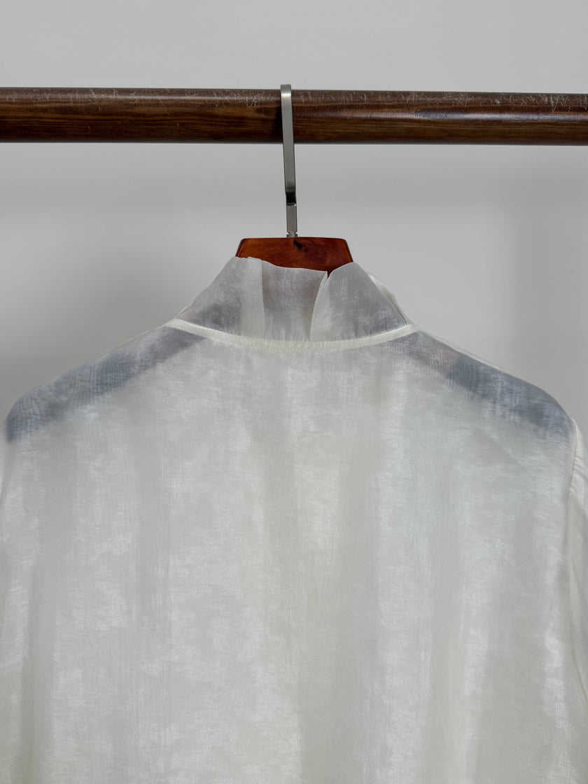 White Cloud Texture Double-Layer Blouse with Ruffle Stand Collar | Modern Chinese Style Shirt - Luxe Orienta CO., LIMITED