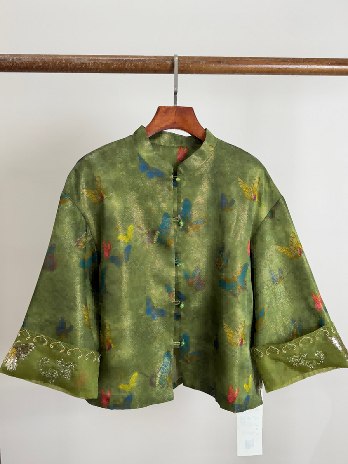 Green Silk Butterfly Chinese Jacket– Mulberry Silk Open-Front Top with Embroidered Details | Luxe Orienta - Luxe Orienta CO., LIMITED