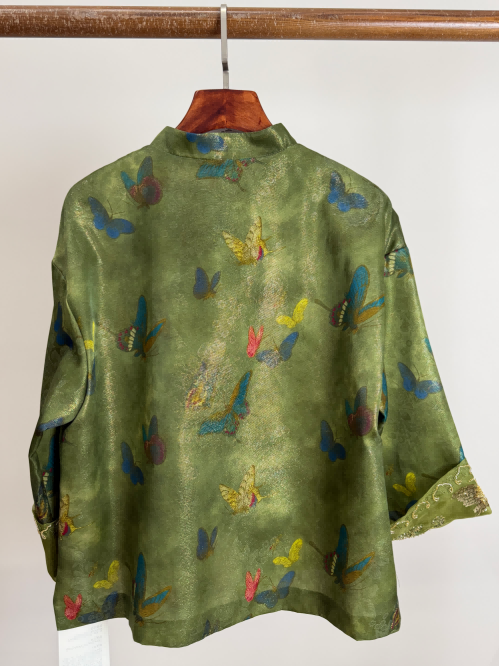 Green Silk Butterfly Chinese Jacket– Mulberry Silk Open-Front Top with Embroidered Details | Luxe Orienta - Luxe Orienta CO., LIMITED