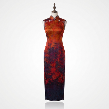 Artistic Red & Purple Ombre Xiangyunsha Qipao | 100% Mulberry Silk Sleeveless Cheongsam - LUXE ORIENTA - Luxe Orienta CO., LIMITED