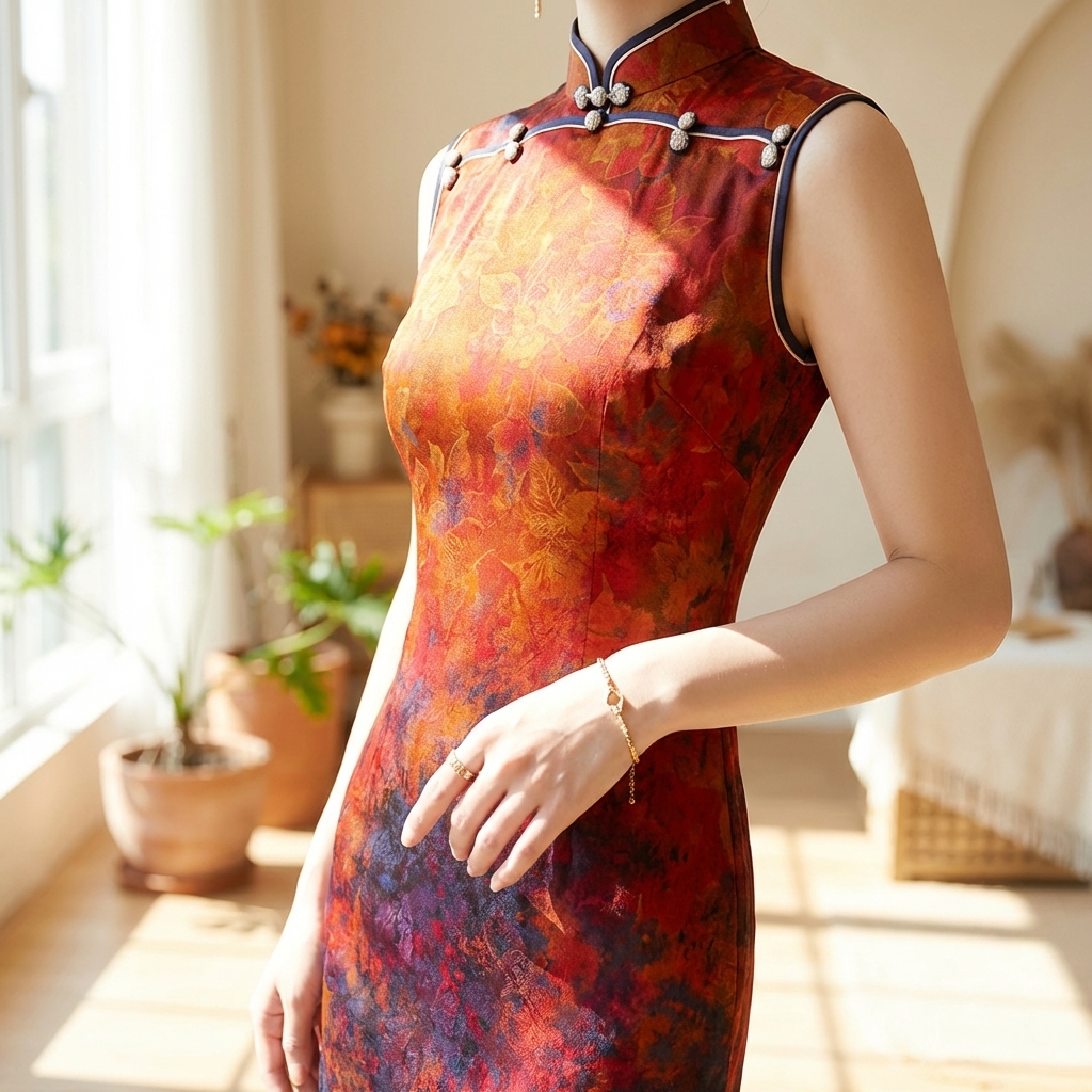 Artistic Red & Purple Ombre Xiangyunsha Qipao | 100% Mulberry Silk Sleeveless Cheongsam - LUXE ORIENTA - Luxe Orienta CO., LIMITED