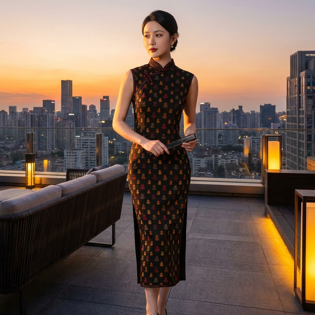 Black Mulberry Silk Xiangyunsha Qipao | Colorful Gourd Cheongsam Dress - Luxe Orienta CO., LIMITED