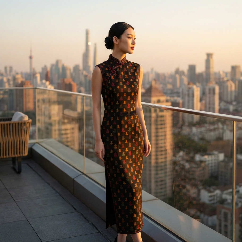 Black Mulberry Silk Xiangyunsha Qipao | Colorful Gourd Cheongsam Dress - Luxe Orienta CO., LIMITED