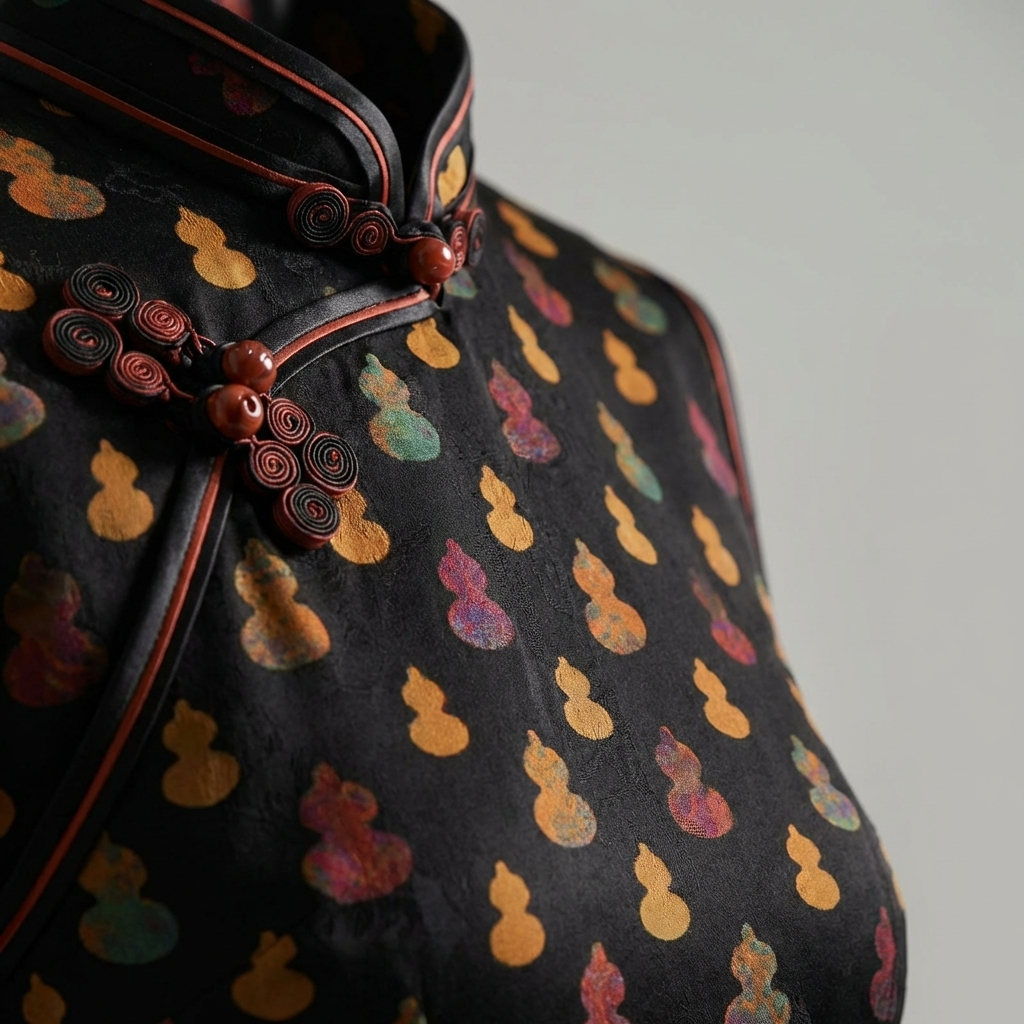 Black Mulberry Silk Xiangyunsha Qipao | Colorful Gourd Cheongsam Dress - Luxe Orienta CO., LIMITED
