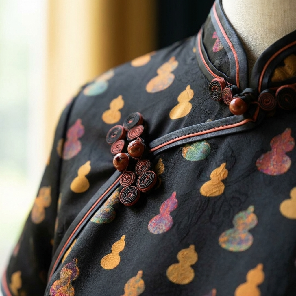 Black Mulberry Silk Xiangyunsha Qipao | Colorful Gourd Cheongsam Dress - Luxe Orienta CO., LIMITED