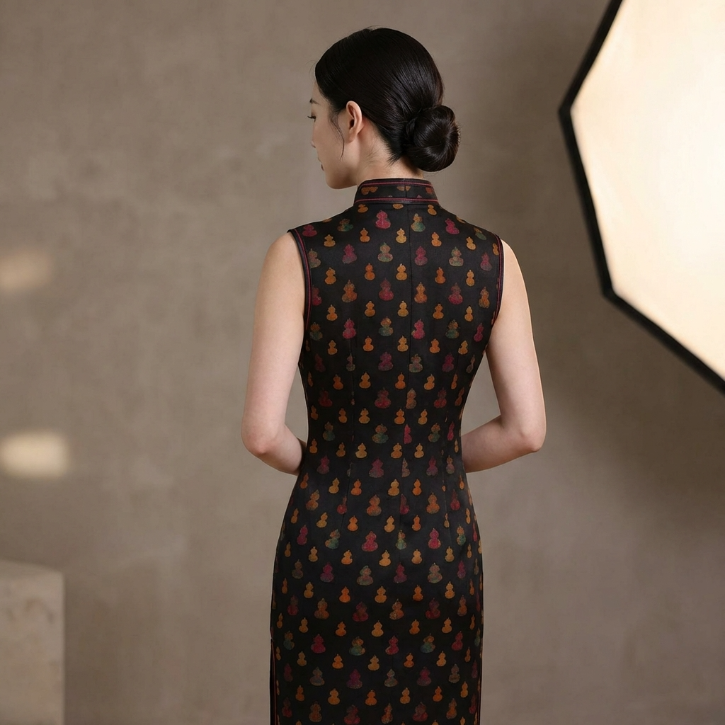 Black Mulberry Silk Xiangyunsha Qipao | Colorful Gourd Cheongsam Dress - Luxe Orienta CO., LIMITED