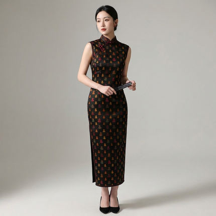 Black Mulberry Silk Xiangyunsha Qipao | Colorful Gourd Cheongsam Dress - Luxe Orienta CO., LIMITED
