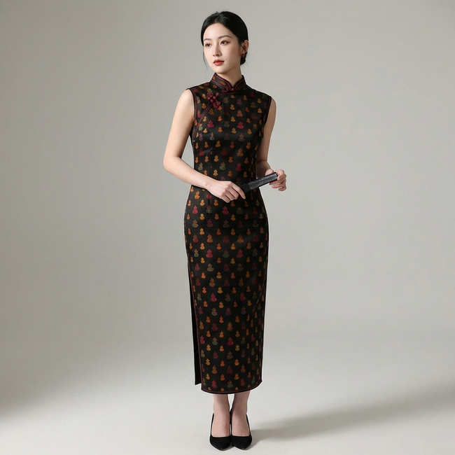 Black Mulberry Silk Xiangyunsha Qipao | Colorful Gourd Cheongsam Dress - Luxe Orienta CO., LIMITED