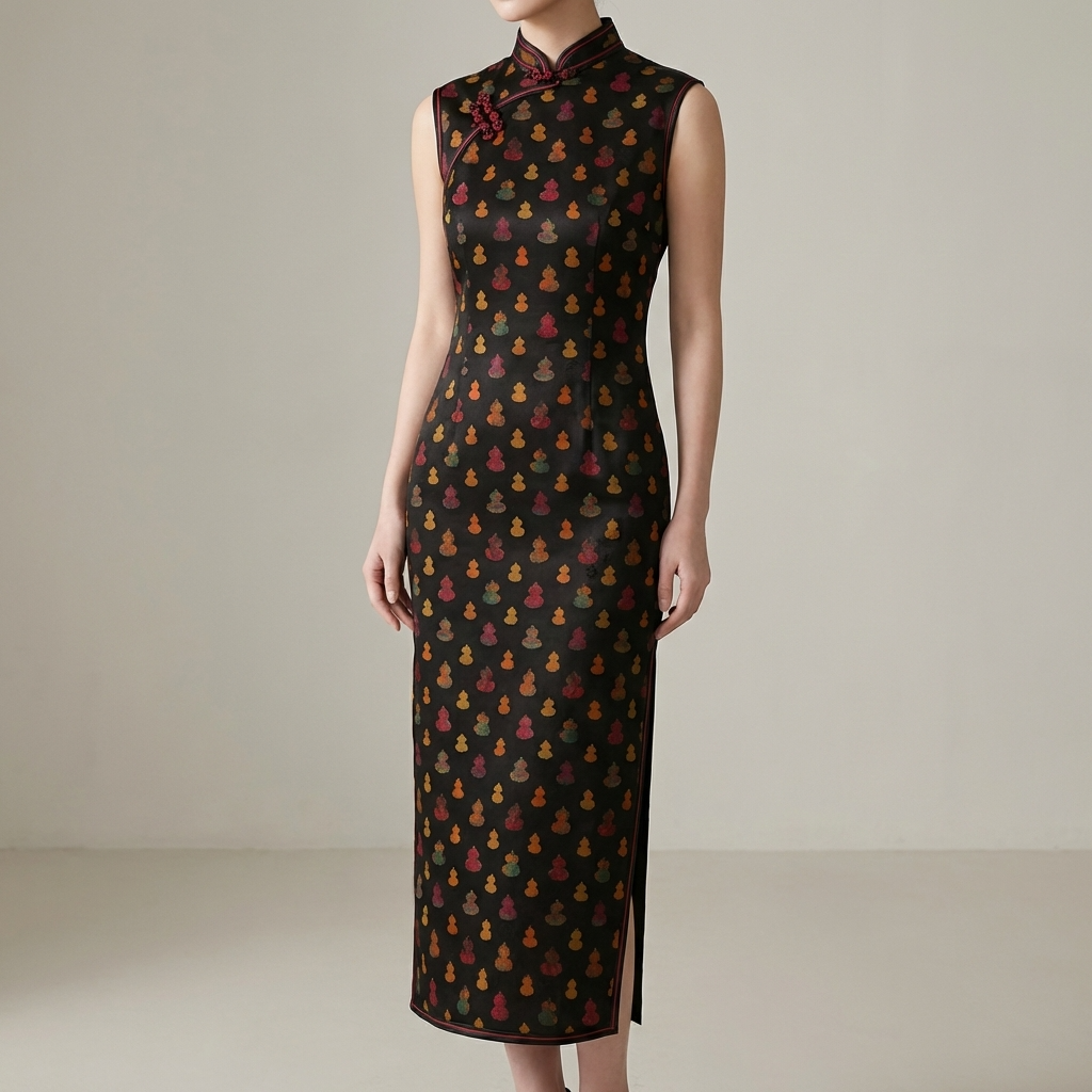Black Mulberry Silk Xiangyunsha Qipao | Colorful Gourd Cheongsam Dress - Luxe Orienta CO., LIMITED